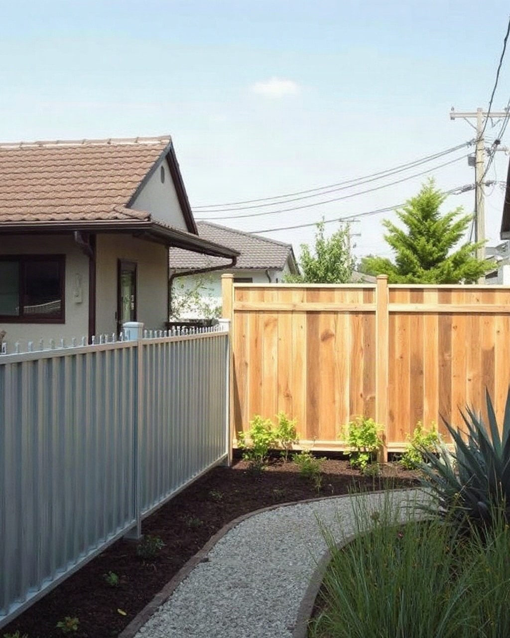 住宅の庭と境界に沿って設置された無地のフェンス。AI生成のイメージで、実際の施工事例ではありません