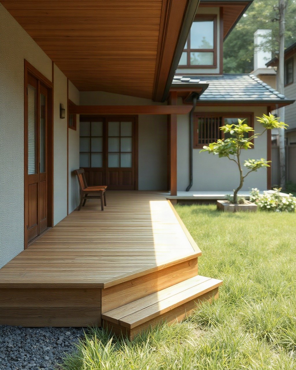 庭に面した住宅のシンプルなウッドデッキ。AI生成のイメージで、実際の施工事例ではありません